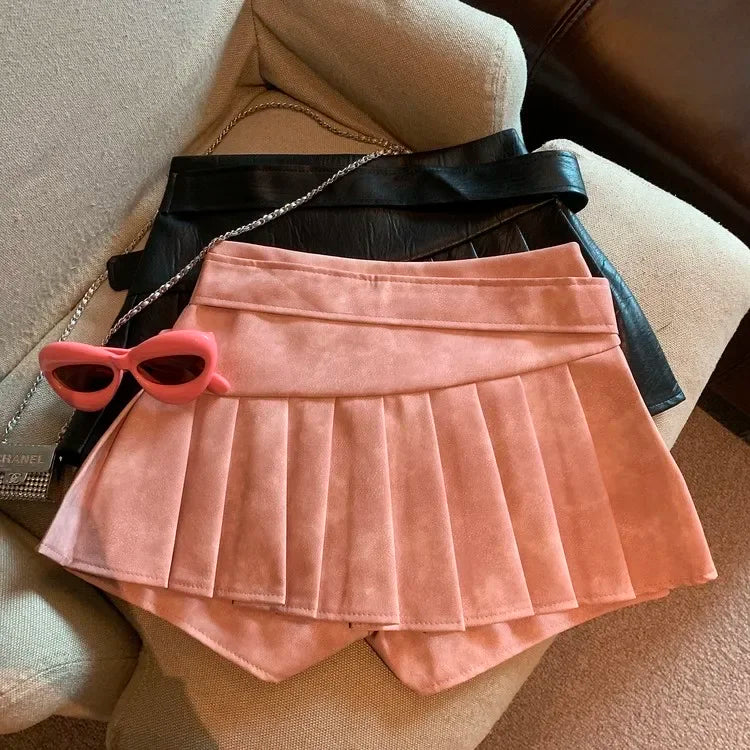 Aiertu  New Winter Women’s Sexy 90S PU Faux Leather Skirt Short Skinny High With Belt Short Mini Pleated Skirt With Shorts Y2K Aiertu