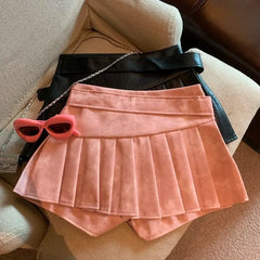 Aiertu  New Winter Women’s Sexy 90S PU Faux Leather Skirt Short Skinny High With Belt Short Mini Pleated Skirt With Shorts Y2K Aiertu