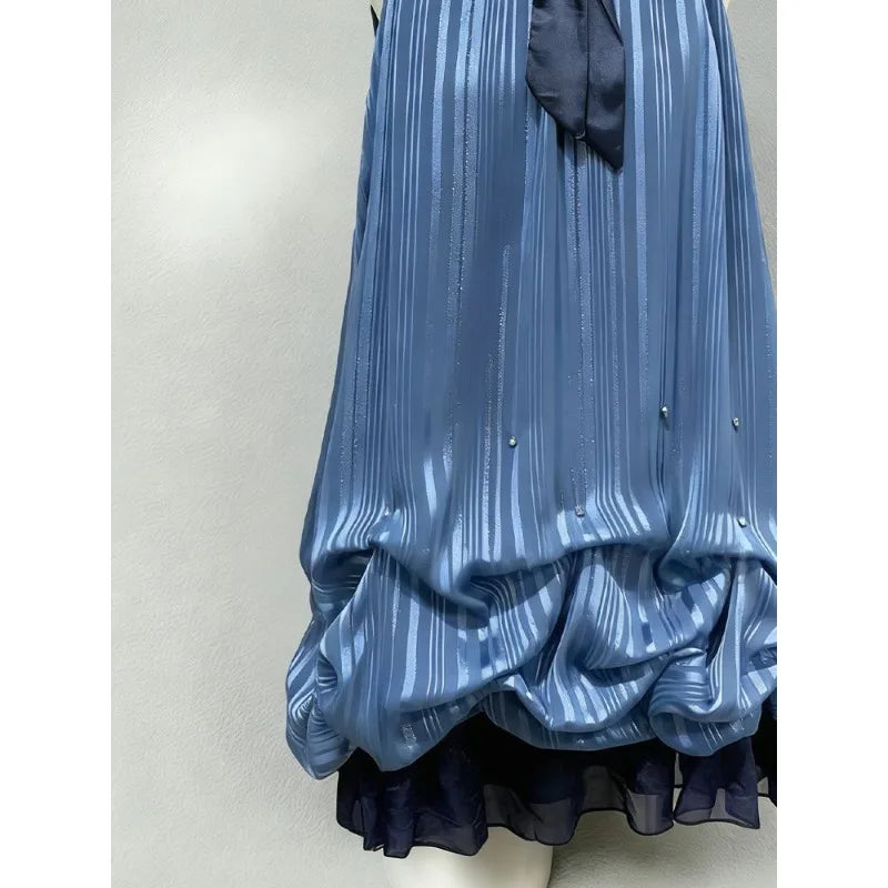 AIERTU  -  New Dark Blue Vintage Vintage Wearing A Bow and A Thin Dress Aiertu