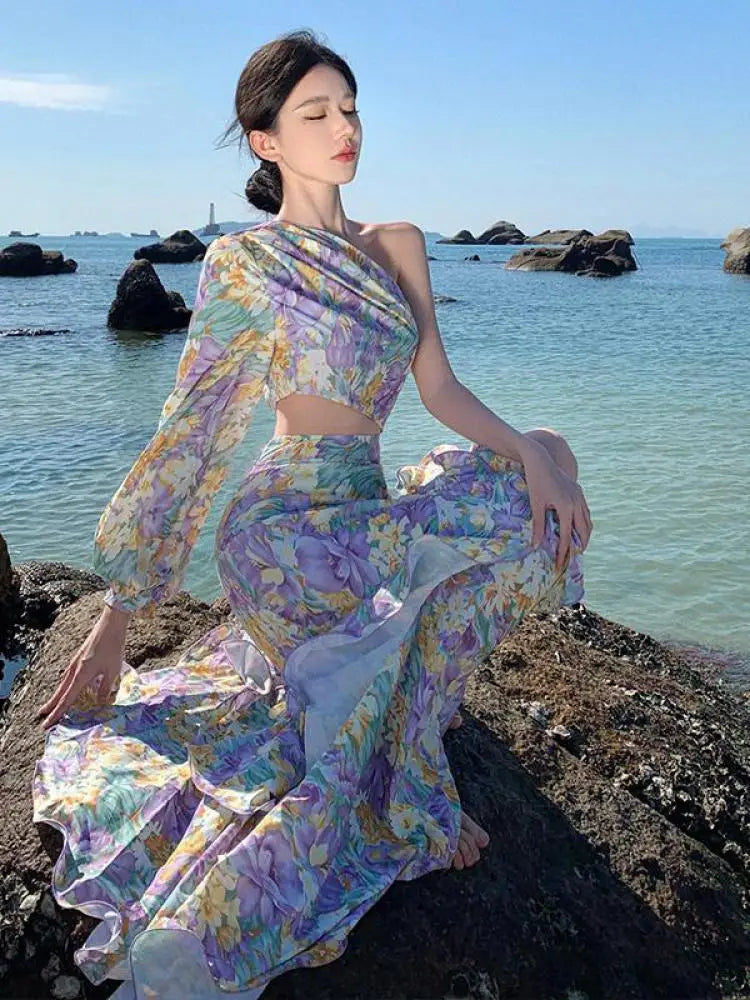 Aiertu Women Purple Print Sexy Club Slanted One Shoulder Slim Floral Ruffles Long Dress Summer Elegant Long Sleeve Party Evening Dress Aiertu
