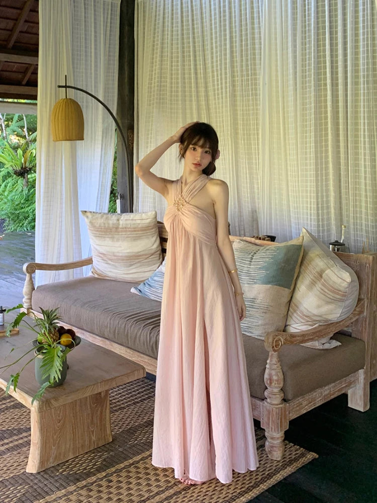 Aiertu 2024 Summer Pink Sexy Sleeveless Midi Dress Sweet Elegant Even Party Dress Beach Chiffon Korean Fashion Dress Female Design Aiertu