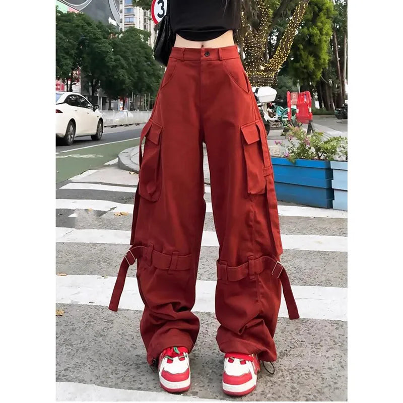 Aiertu Vintage Casual High Waist Red Cargo Pocket Pants For Women Streetwear Style Wide Leg Overalls Baggy Y2K Trouser 2024 Aiertu