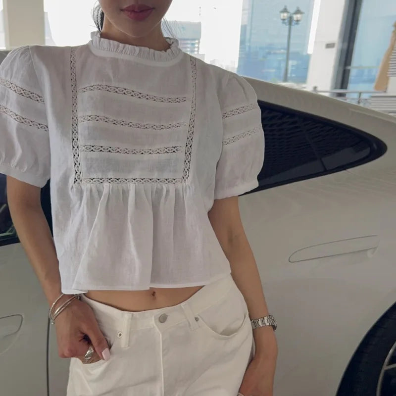 AIERTU  -  Korean Style Chic Short Sleeve Shirt Heavy Embellishment Lace Trimmed Lantern Sleeve Vintage Fashion Women's Shirt Summer Aiertu