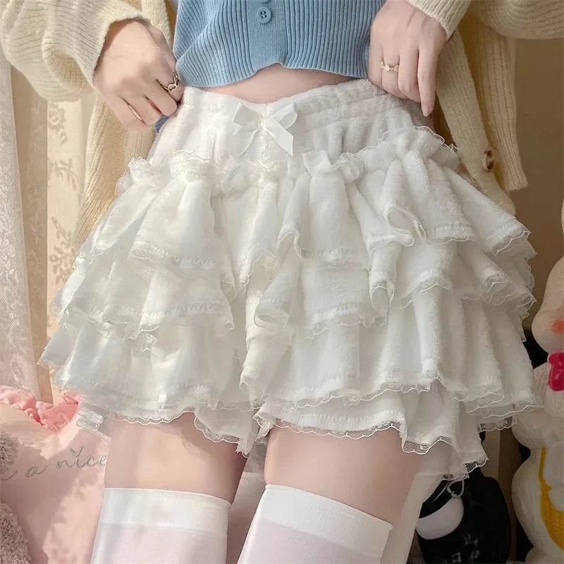 Autumn Winter Warm Lolita Safety Short Pants Women Sweet Chic Plush Bloomers Japanese Y2k Lace Bow Knickers Harajuku Cute Shorts Aiertu