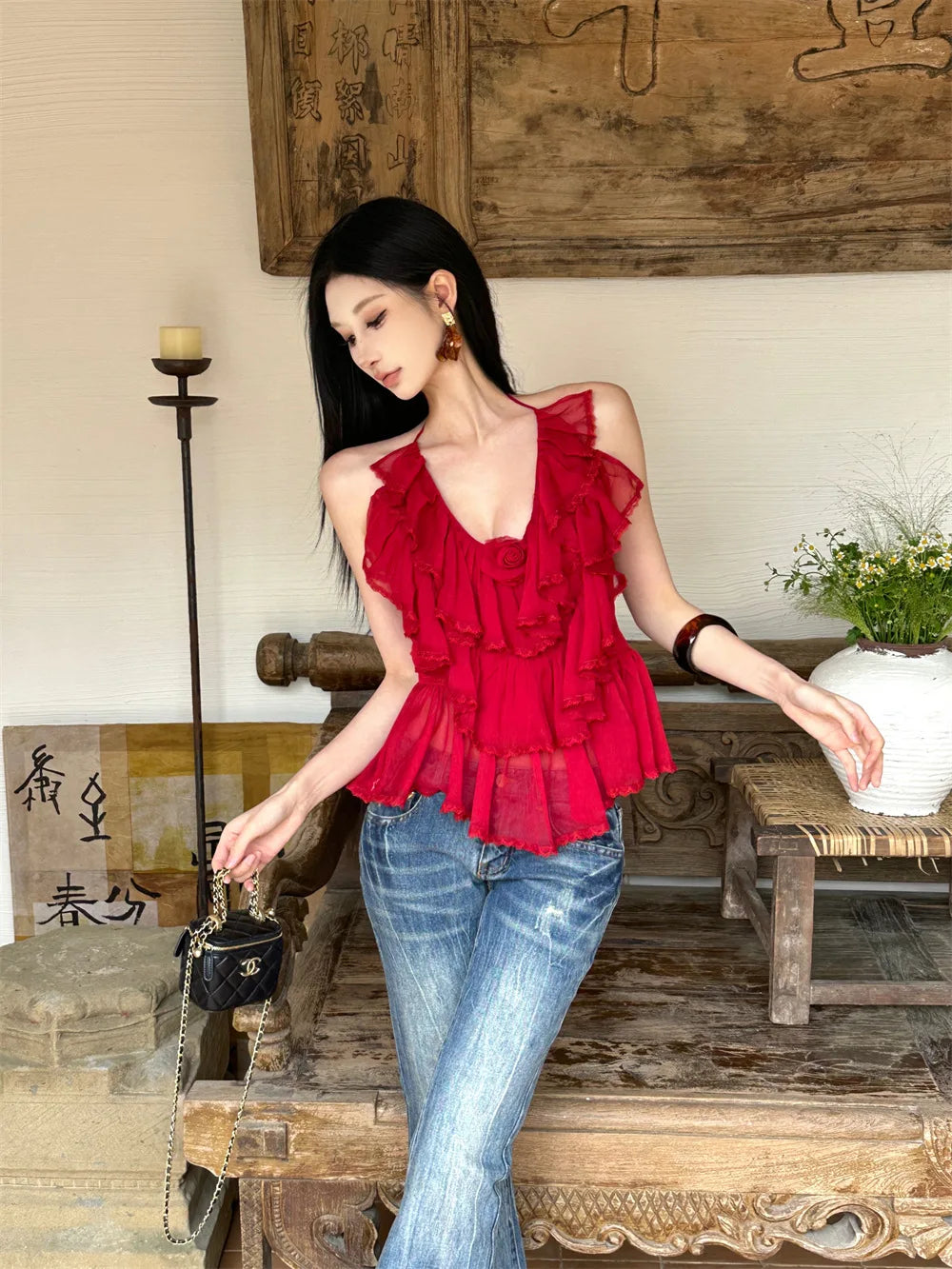 AIERTU  -  Women Camisoles V-neck Retro Ruffle Edge Irregular Pleats Halter Exposed Back Elastic Slim Fit Sexy Temperament Strapless Top Aiertu