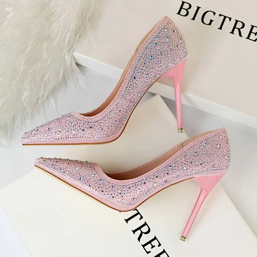 Women 10cm High Heels Stripper Bling Crystal Escarpins Pumps Lady Stiletto Wedding Bridal Fetish Rhinestone Gold Pink Prom Shoes Aiertu