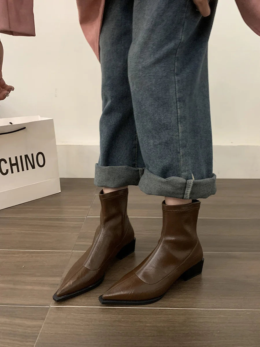Boots Women New Shoes Luxury Designer silver  Ankle Fashion Pointy Med Ladies Rubber Autumn Rome Hoof Heels Flock Solid Sli Aiertu