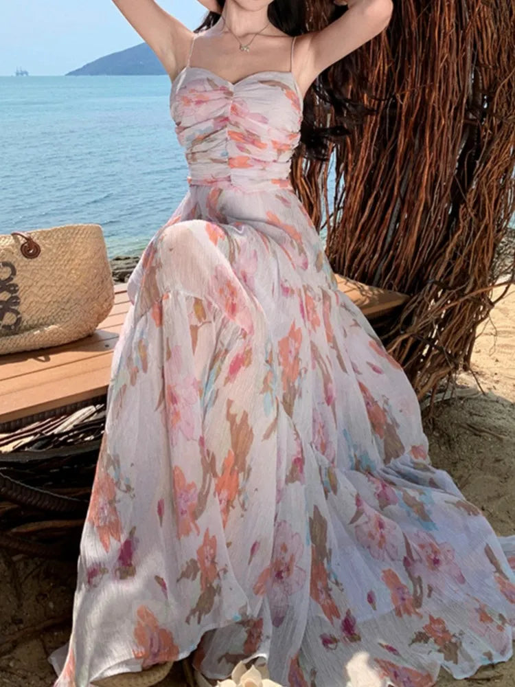 Aiertu Spaghetti Strap Elegant Women Summer Dress Sleeveless Casual Floral Print A-Line Beach Holiday Clothes Female Long Robe Aiertu