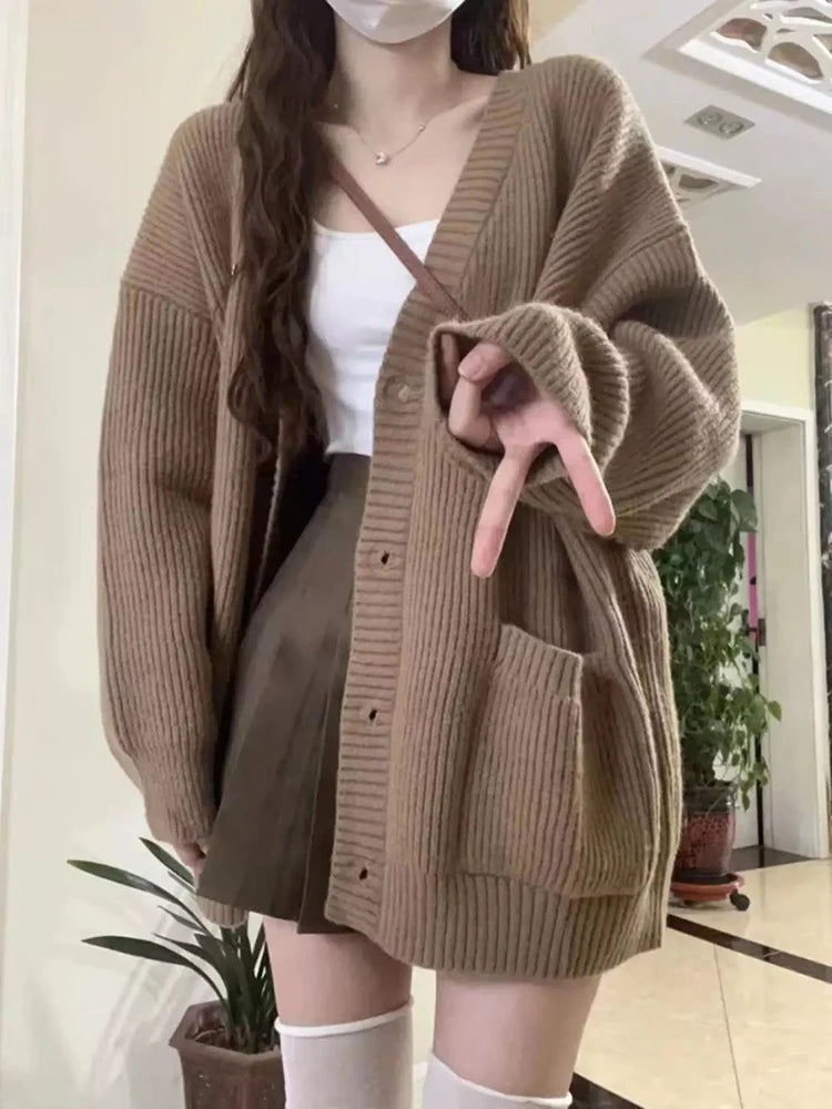 AIERTU  -  Japanese Sweet Knitted Cardigan Women Fall Winter Lazy Wind Loose Casual Sweaters V Neck Solid Student Fashion Elegant New Coats Aiertu