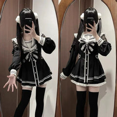 Aiertu DRESS TO IMPRESS Japanese Black Gothic Y2k Lolita Bow Dress Shorts Set Women Vintage Sweet Long Sleeve Shirt Party Dresses Slim Mini Dress 2000s Aiertu