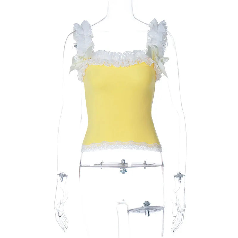Aesthetic Cute Bow Trim Crop Tops Women Ruffle Lace Tank Tops Casual Summer Off Shoulder Vest Sleeveless Shirt Y2K Streetwear Aiertu