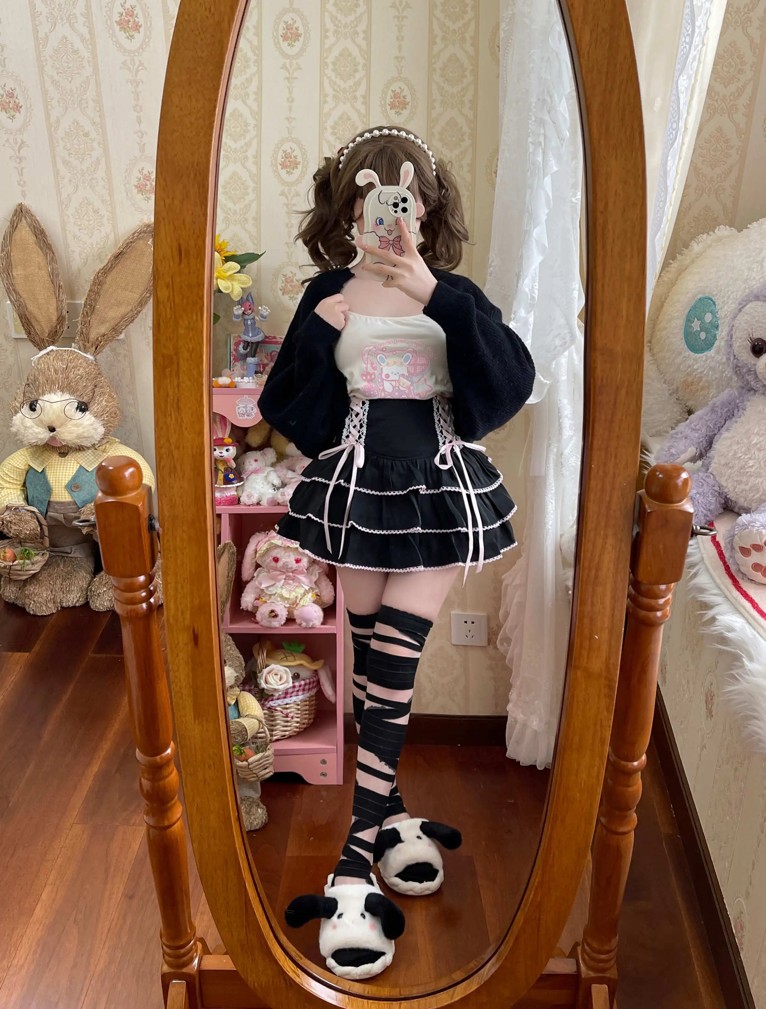 Lolita Tiered Mini Skirt Women Skorts Kawaii Layered Ruffle High Waist Lace Up A Line Cute Skirts for Teen Girls Aiertu