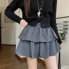 Aiertu Sweet Kawaii Mini Skirt Women Grey Korean Style Elegant Dot Short Skirts Coquette Fashion High Waist Cute Ruffle Skirt Aiertu