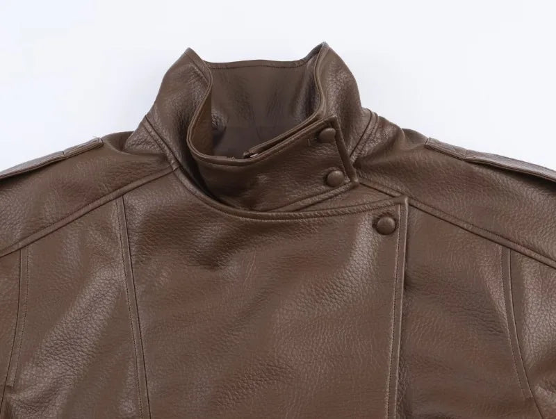 AIERTU  -  Solid Leather Moto Jacket For Women Winter Turtleneck Retro Coats Fashion Asymmetry Elegant Vintage PU Jackets New Aiertu