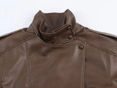 AIERTU  -  Solid Leather Moto Jacket For Women Winter Turtleneck Retro Coats Fashion Asymmetry Elegant Vintage PU Jackets New Aiertu