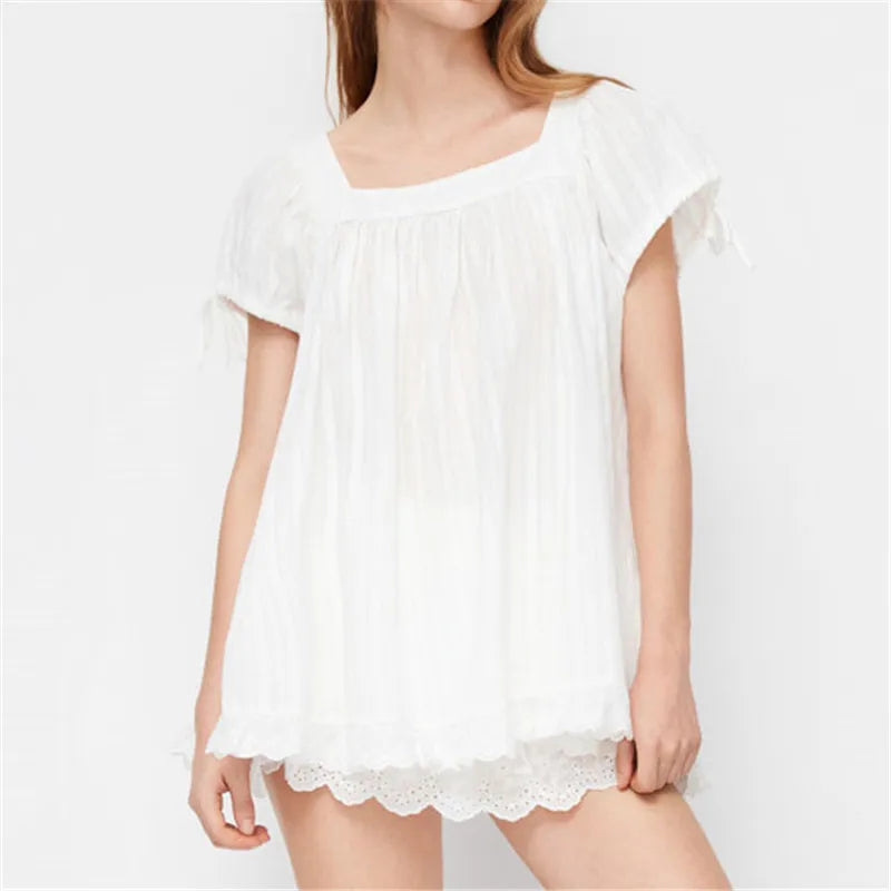 AIERTU  -  Women's Square Neck Puff Sleeve Blouse Loose Fit Ruffle Hem Lace Trim Babydoll Top for Casual Summer Beach and Vacation Outfits Aiertu