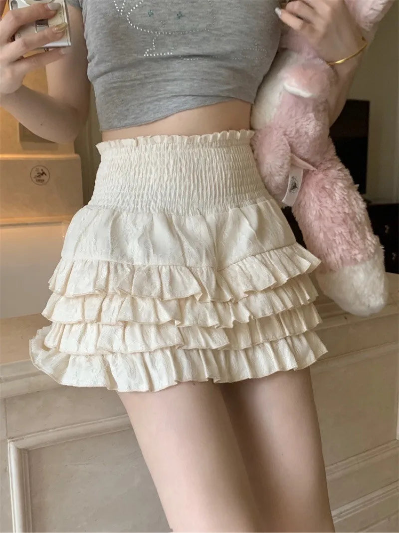 Lolita Tiered Mini Skirt Women Skorts Kawaii Layered Ruffle High Waist Lace Up A Line Cute Skirts for Teen Girls Aiertu