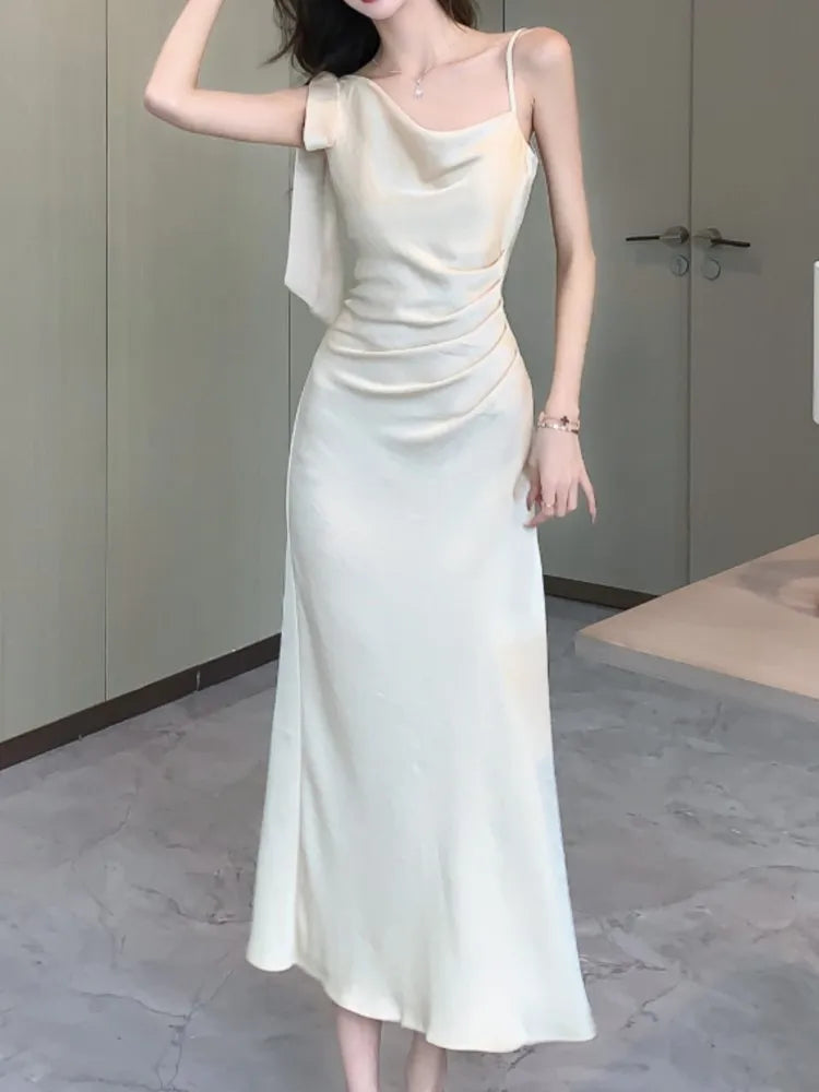 Aiertu Spaghetti Strap Women Fashion Satin Midi Dress Sleeveless Casual Solid Chic Bodycon Slim Party Dresses Female Vestidos New Aiertu