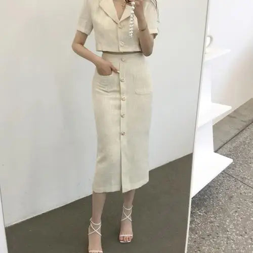 Aiertu Fashion Korea Elegant Lapel Thin Tweed Small Suit Short Jacket + High Waist Chic Button Slim Women Two Piece Skirt Sets Summer Aiertu