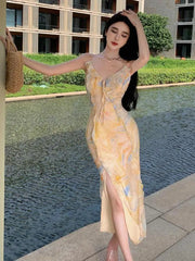 Aiertu Summer Retro Elegant Korean Sweet Yellow Print Ruffles Lace Up Dress Women V-neck Sleeveless Party Fairy Princess Clothes French Aiertu