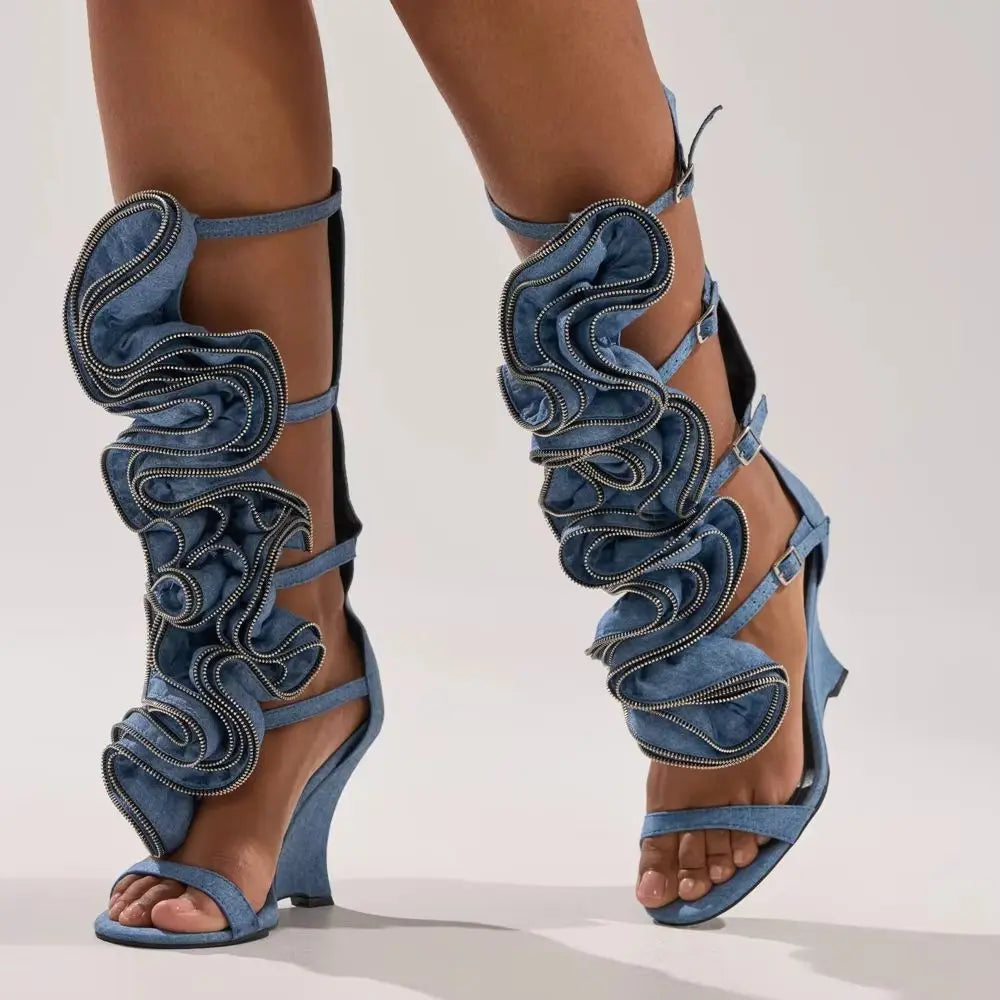 AIERTU  -  Denim Light Blue Open Toe Wedge Sandals Oversized Zipper Ruffle Decor Multi Adjustable Ankle Buckle Straps Fashion Cool Style Aiertu