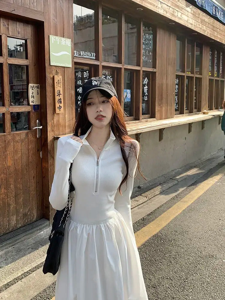 Aiertu 2024 Autumn Korean Style Zip White Dress Women Kpop Wrap Long Sleeve Long Dresses Streetwear Solid Simple Ladies Chic Aiertu
