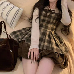 AIERTU  -  Harajuku Dresses Sexy Y2k Sweet 2000s Kawaii Ball Gown Bow Women's Dress Winter Short Skirt Plaid Fairycore Fashion Elegant Emo Aiertu
