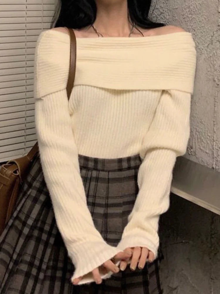 Women Sweater Off Shoulder Knitted Pullovers Female Korean Fashion Sexy Slash Neck Knitwear Top Lady Autumn Winter Slim Jumpers Aiertu