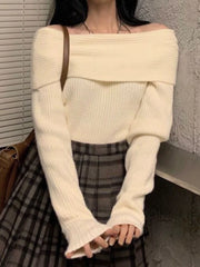 Women Sweater Off Shoulder Knitted Pullovers Female Korean Fashion Sexy Slash Neck Knitwear Top Lady Autumn Winter Slim Jumpers Aiertu