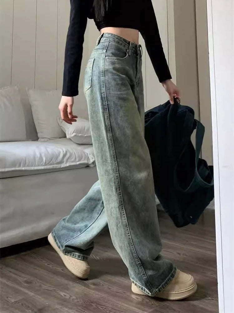 Aiertu  Vintage Washing Y2k Baggy Denim Pants Women  2024 Spring Fashion High Waist Wide Leg Jeans Trouser Casual Streetwear Aiertu