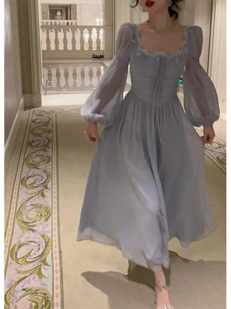 Aiertu Women Vintage Violet Print Square Neck Lace Fairy Dress Solid Elegant Bodycon Autumn Party Lady Pleated Princess Long Dress Boho Aiertu