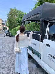 Aiertu Japanese Midi Dress Women Casual Sweet Elegant Strap Blue Bow Strapless Dress Beach Style One Piece Dress Korean 2024 Summer Aiertu