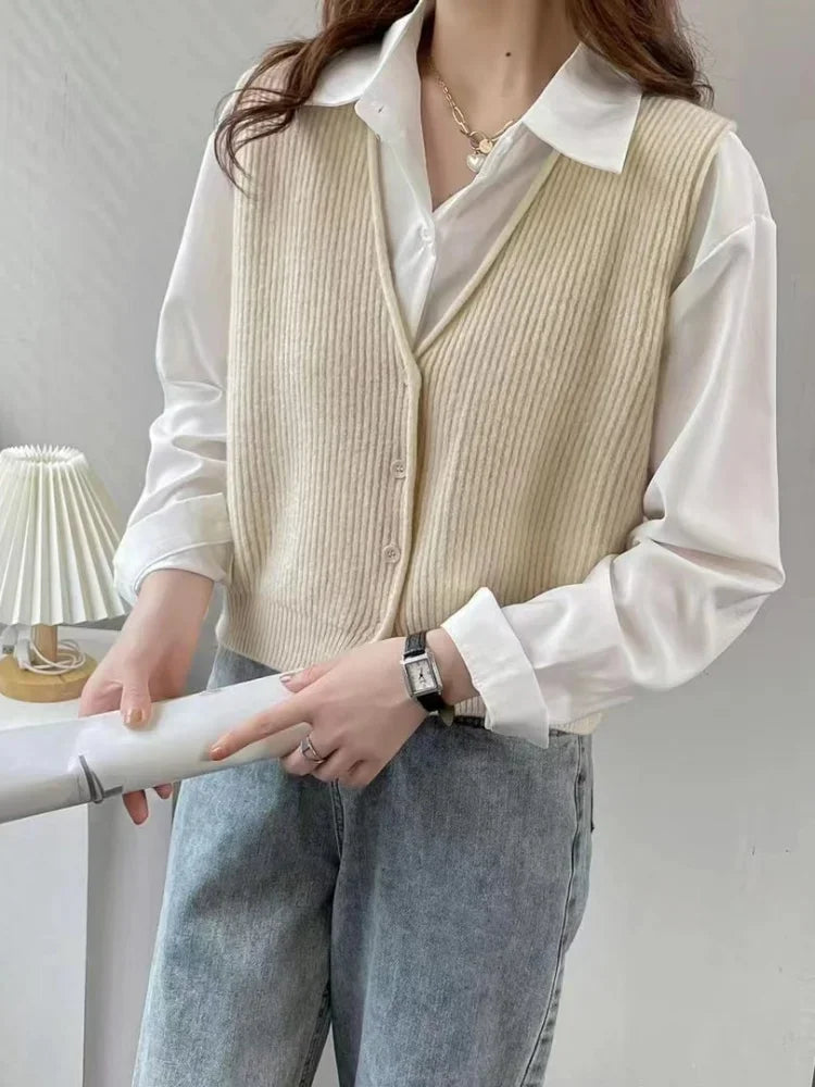 New Casual Vertical Striped Simple Knitted Vest Women's Sleeveless Top V-neck Short Knitted Vest Cardigan Jacket Women Sweater Aiertu