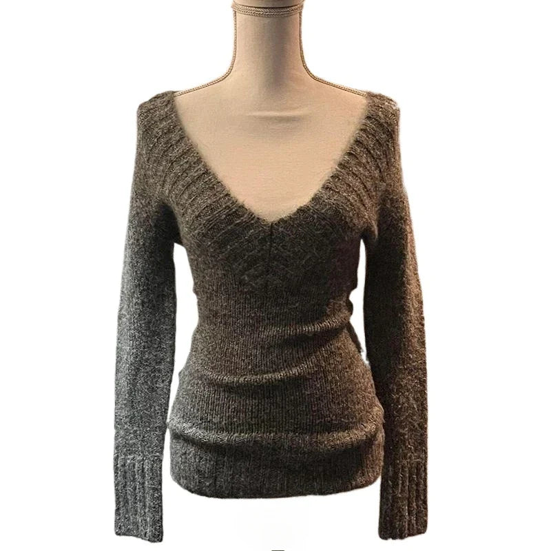 Aiertu Sexy Vintage V-neck Knitted Pullovers Women Early Y2k Grunge Sweaters Mujer Autumn Fashion Long Sleeve Pullovers Slim Aiertu