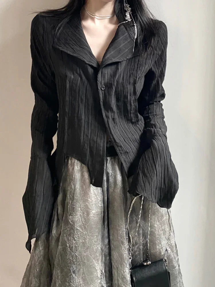 Aiertu Vintage Y2k Blouse Women Black Harjauku Gothic Shirt Pleated Button Up Korean Dark Tight Long Sleeve Aesthetic Female Aiertu