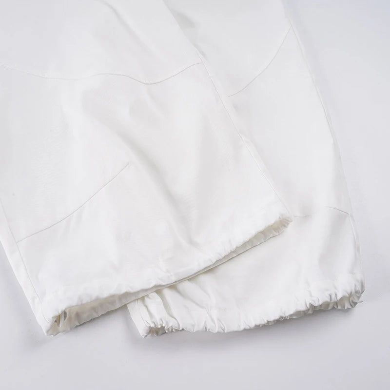 AIERTU  -  Street Style Casual Pure White Drawstring Calf-length Cargo Pants Ruched High Waist Fungus Edge Elastic Fashion Loose Pants Aiertu