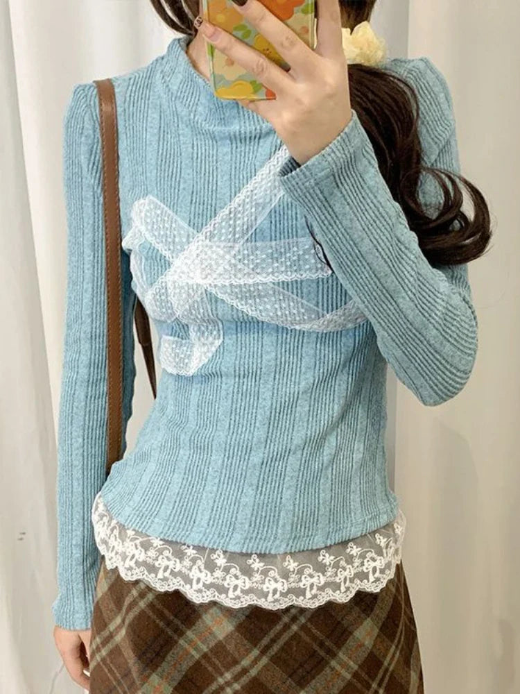 Aiertu Korean Style Y2k Knitted Pullover Women Bow Lace Long Sleeve Sweaters Harajuku Vintage Patchwork Knitwear Pullovers Aiertu