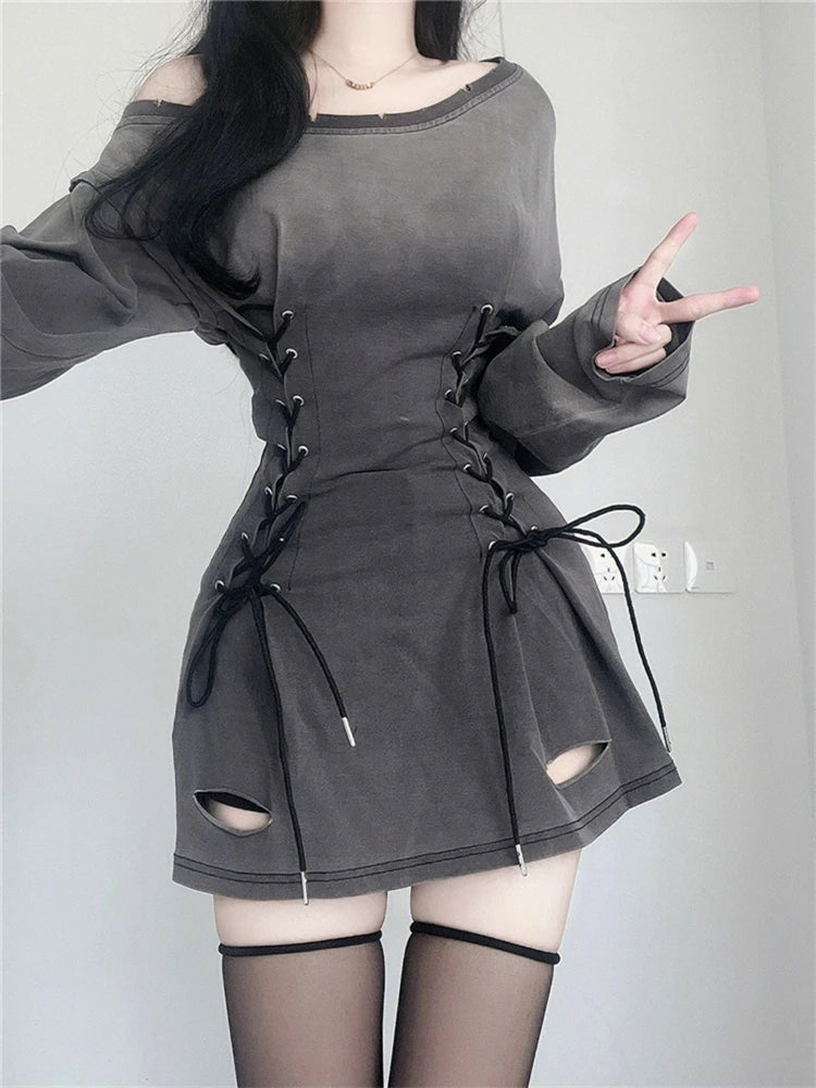Aiertu New Fairycore Grunge Goth Corset Dress Women Aesthetic Harajuku Streetwear Bandage Slim Bodycon Dress Y2k 90s Indie Clothes Aiertu