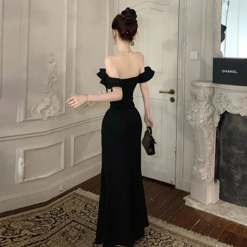 Aiertu Ruffled One Shoulder Strapless Evening Dress Women 2024 Spring Summer Elegant High Waist Slim Wrapped Slit Long Dresses Aiertu