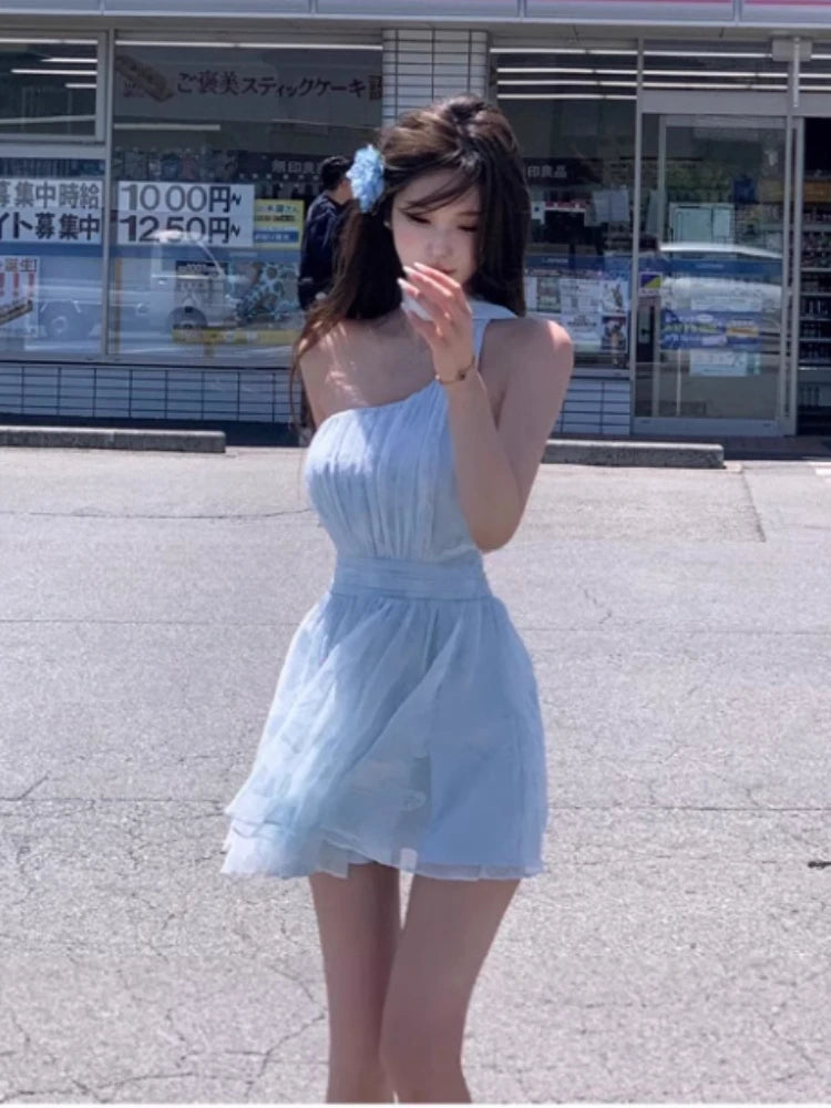 Japanese Sweet Kawaii Elegant Dress Women Solid Y2k Summer Vintage Short Party Dress Female Backless France Princess Chic Cothes Aiertu