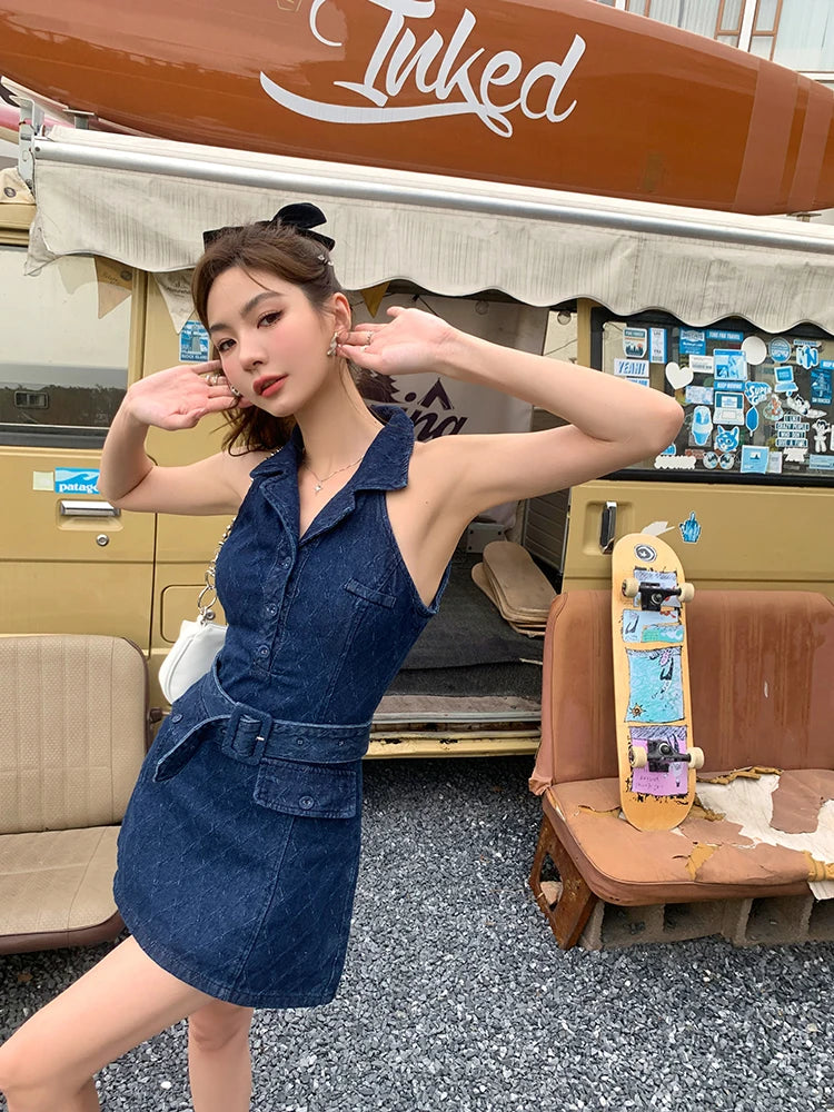 Aiertu Summer Retro Blue Turn-down Collar Off Shoulder Button Denim Mini Dress Women Sleeveless High Waist A-line Jeans Short Dress New Aiertu