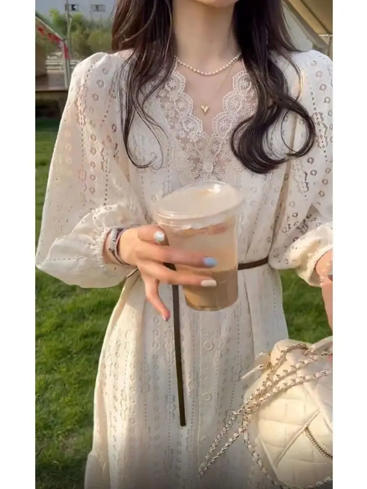 Aiertu 2024 Spring Elegant Lace Fairy Dress Women Button Design Vintage Long Sleeve Shirt Dress Office Lady Casual Fashion Korean Dress Aiertu