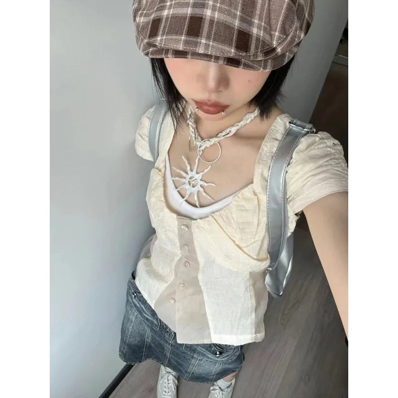 Aiertu Y2K Vintage Women's Blouse See Through Short Sleeve Slim Shirts Japanese 2000s Style Summer Gyaru Streetwear Cardigan Aiertu