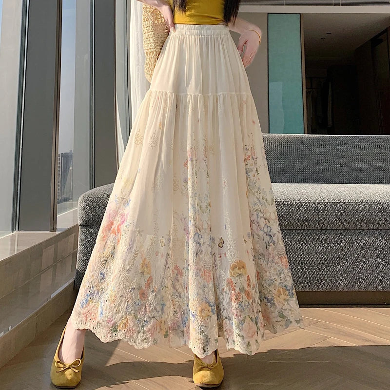 AIERTU  -  New Summer Hot Selling Pleated Skirt with Lace Embroidery and Hollowed out Skirt for Women Aiertu