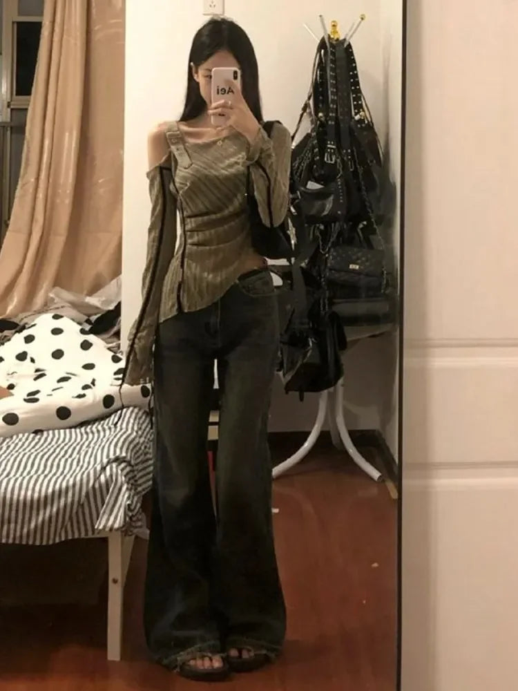 Aiertu 2024 Spring Autumn Grunge Fashion Off Shoulder T-shirts Streetwear Slim Hollow Out Knitted Top Women Patchwork 2k Aesthetic Tees Aiertu