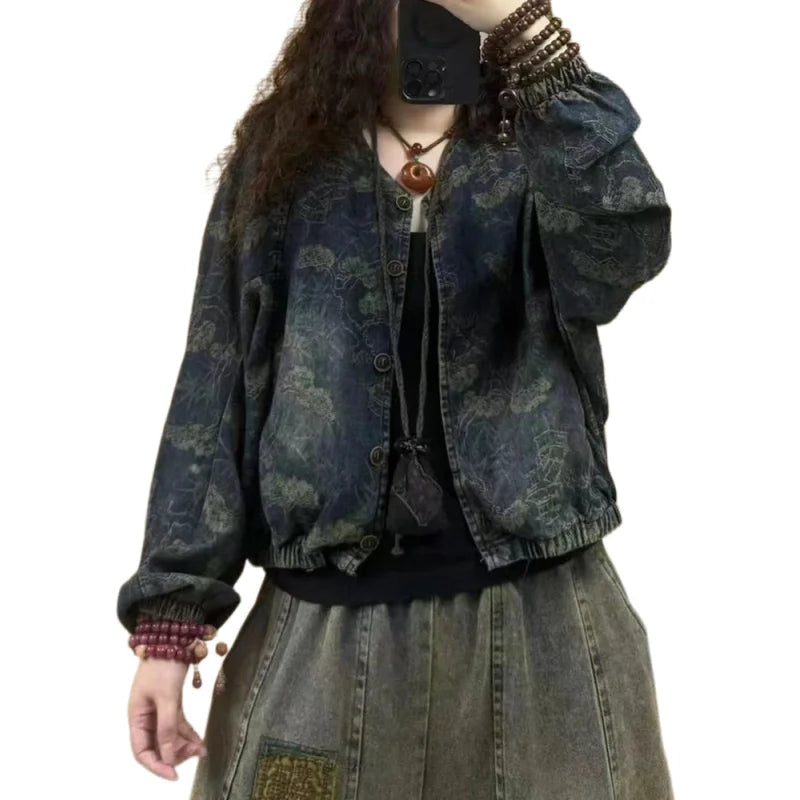 AIERTU  -  Spring Vintage Jacquard Denim Jacket For Women Loose Casual Short Button Down Jean Coat Long Sleeve Versatile Retro Jacket Aiertu