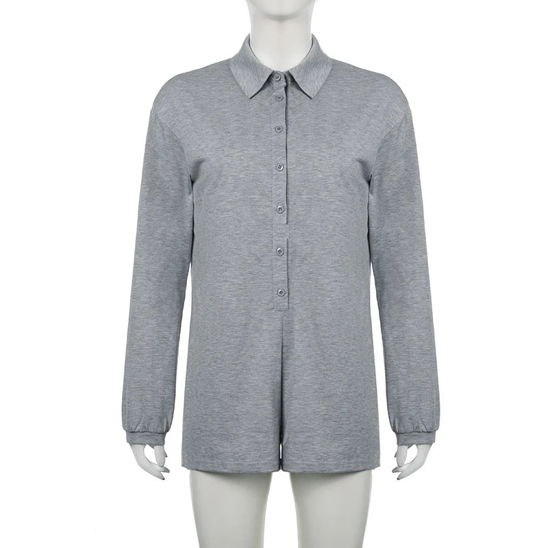 AIERTU  -  Casual Single-breasted Polo collar Loose Simple Long Sleeved Short Jumpsuits Street Gray Versatile Autumn Romper Clubwear Aiertu