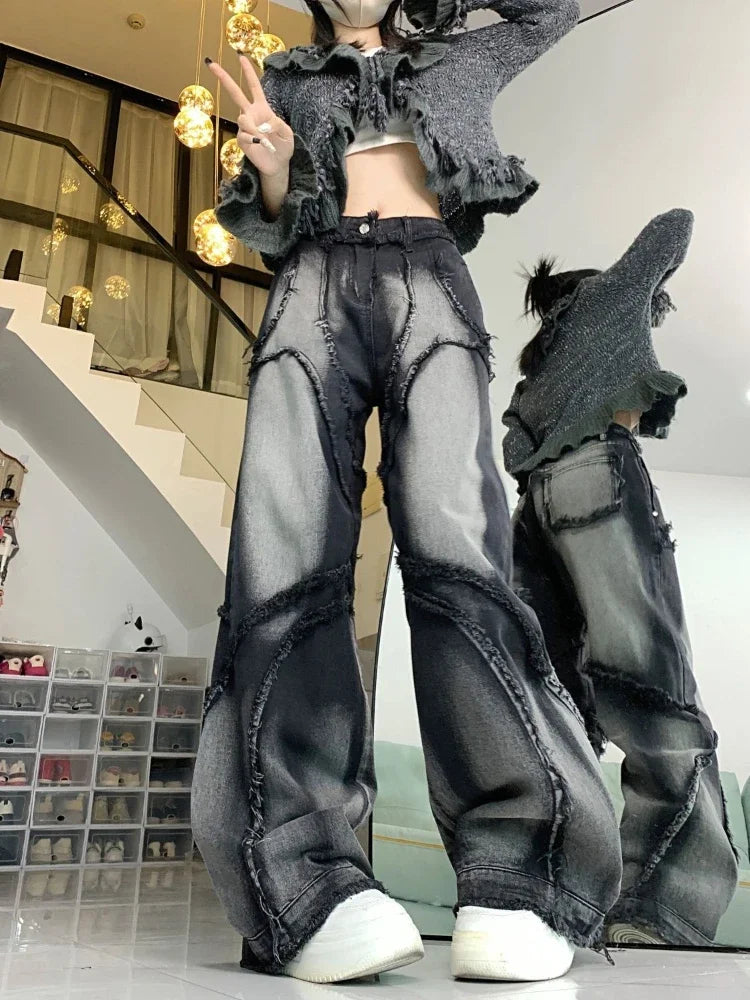 Aiertu Y2k Baggy Jeans Women Vintage Streetwear Hip-hop  Harajuku Design Wide Leg Denim Pants 2024 Spring Fashion Aiertu