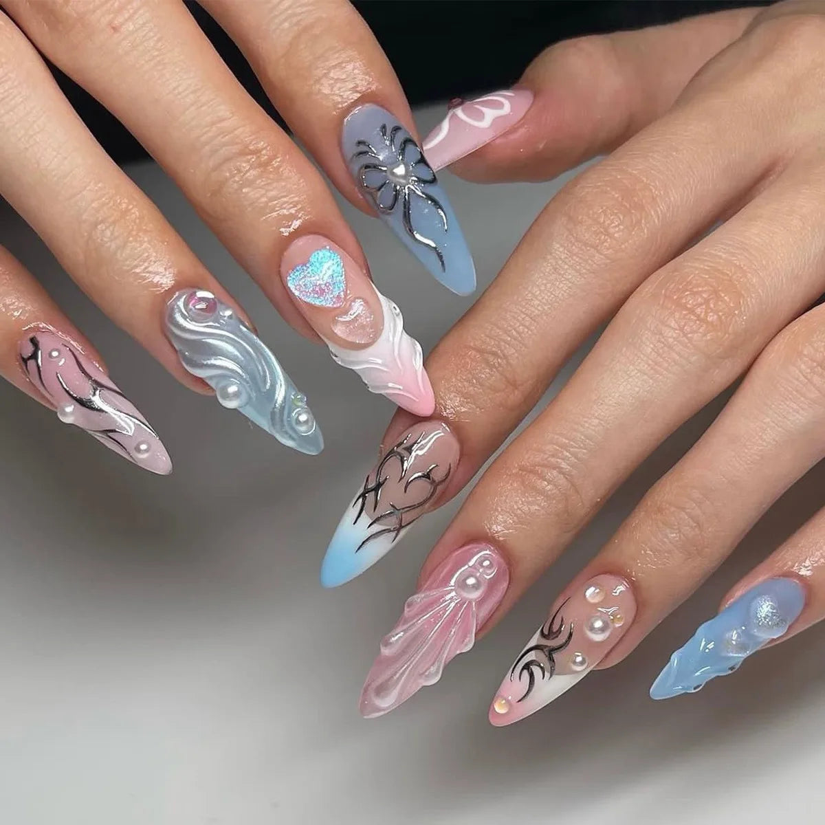 Aiertu 24Pcs Valentine Nails Press on Love Y2k Acrylic Nails Sparkle Butterfly French Cat Eye Almond Full Cover Stick on False Nail Tip Aiertu