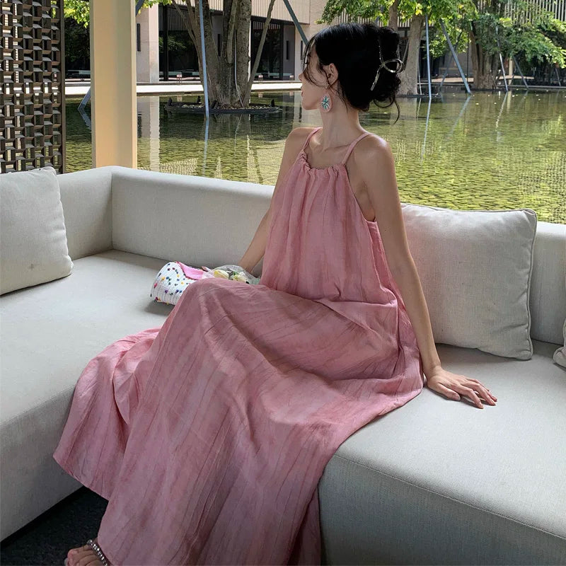 Aiertu Pink Halter Sexy Club Loose Pleated Bandage Large Swing Long Dress Elegant Holiday Party Dress For Women Summer Simplicity Aiertu